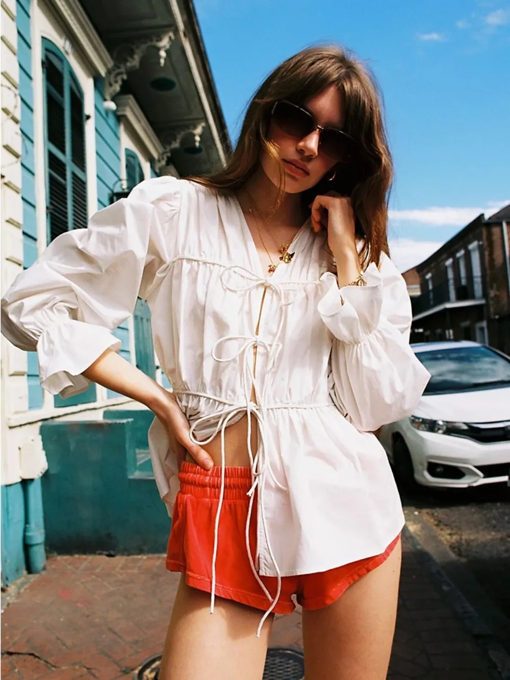 Free People Nigel Preston Poplin Cinched Top In White Size M
